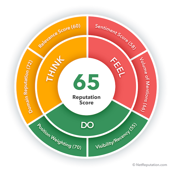 A circular chart highlights a reputation score of 65 at the center, divided into THINK, FEEL, DO segments. Each section details scores for Relevance, Sentiment, Volume of Mentions, Domain Reputation, Position Weighting, and Visibility/Recency.