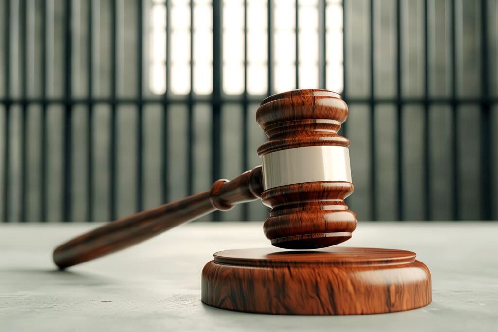 A wooden judge's gavel lies on a matching sound block in the foreground. A row of vertical prison bars is blurred in the background, suggesting a courtroom or legal setting. The lighting is dim and dramatic.