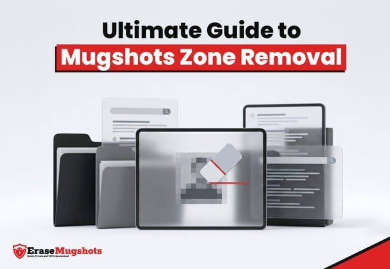 A digital graphic titled "Ultimate Guide to Mugshots Zone Removal" shows blurred tablet and computer screens with a pixelated mugshot image being erased, highlighting the mugshots zone removal process. The EraseMugshots logo appears in the bottom left corner.