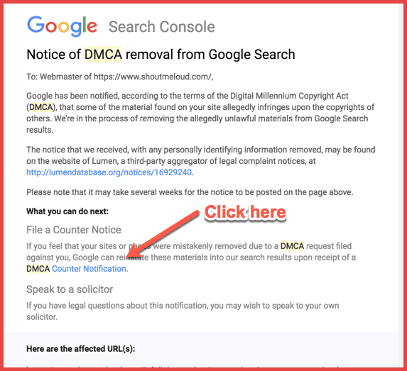 DMCA submission form on Google