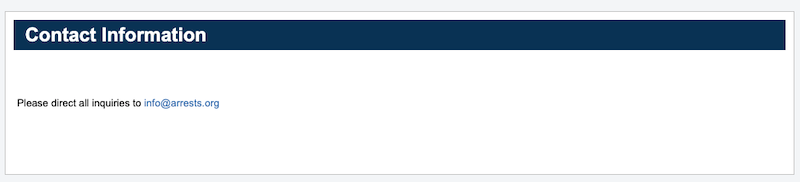 The contact information section features a navy blue header. It instructs users to direct inquiries, such as how to remove yourself from arrests.org, to the email address info@sarnet.org.