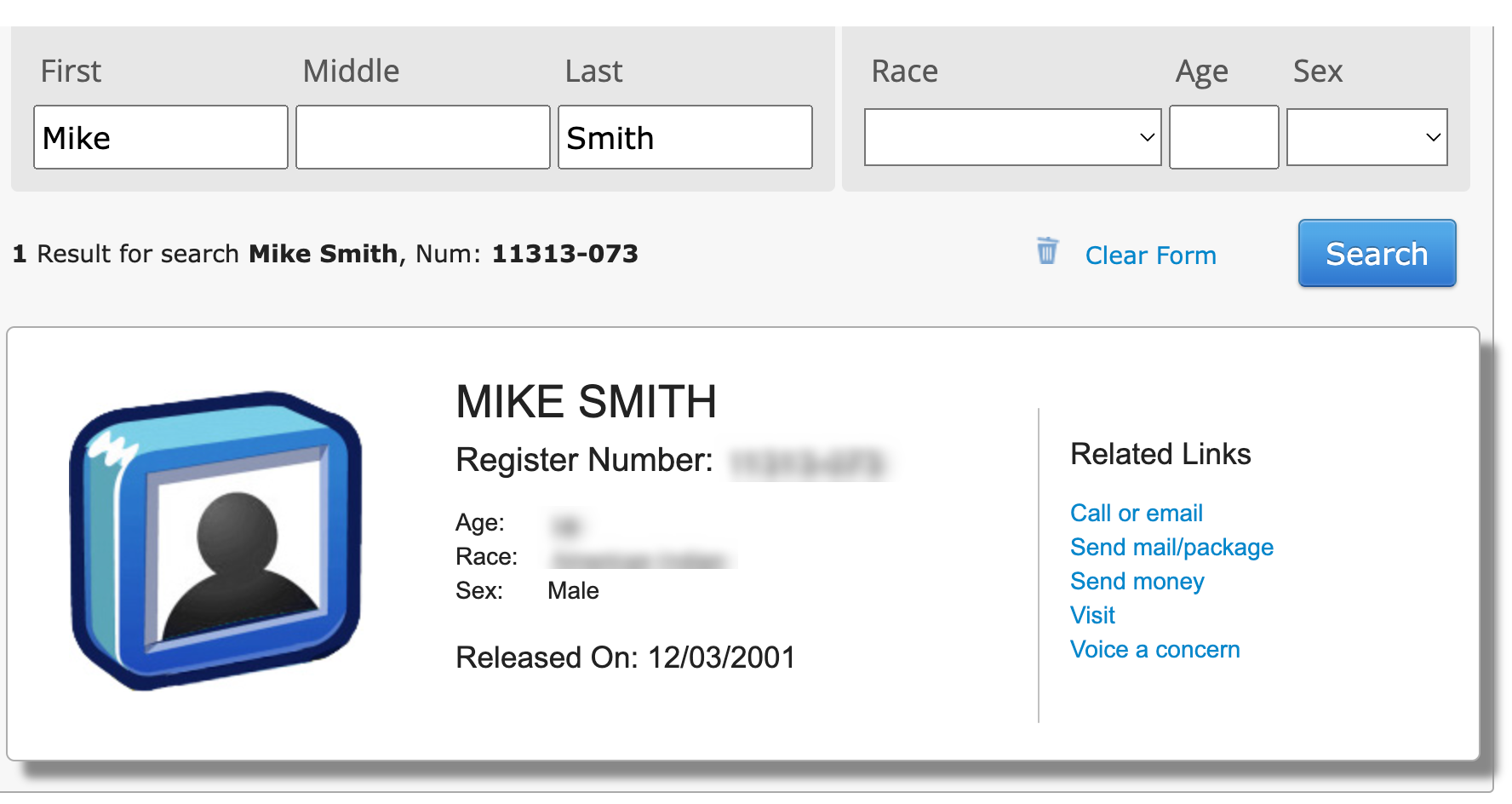 A search results page for Mike Smith includes details like name, register number, age, sex, and release date, along with related links such as "are mugshots public record," "call or email," "send mail/package," "send money," "visit," and "voice a concern.