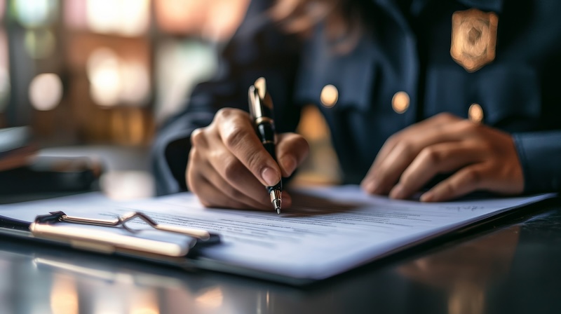 A person in a police uniform sits at a desk, filling out paperwork on a clipboard related to a revenge porn case. Glasses are placed nearby, and the setting appears official and professional.
