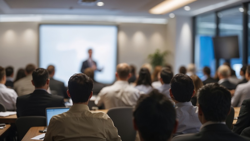 A group of people in business attire sit facing a speaker at the front of a conference room, attentively listening to a presentation on how to recover from a damaged reputation, projected onto a screen.