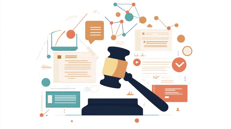 A judge’s gavel resting on a block is surrounded by digital icons, documents, and data charts, symbolizing the intersection of law, technology, digital communication, and modern efforts to remove court records digitally.