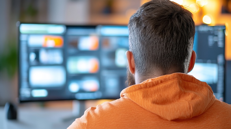 A person with short hair, wearing an orange hoodie, is sitting in front of dual computer monitors. The blurred screens hint at intense research, perhaps comparing background check tools like BeenVerified vs TruthFinder while multitasking on digital content.