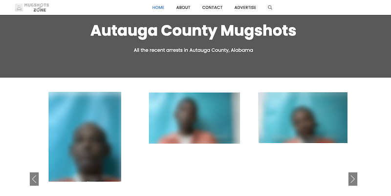 Screenshot of a website titled "Autauga County Mugshots" showing blurred mugshot images of three individuals against blue backgrounds, with navigation arrows on each side and an option for mugshots zone removal displayed.