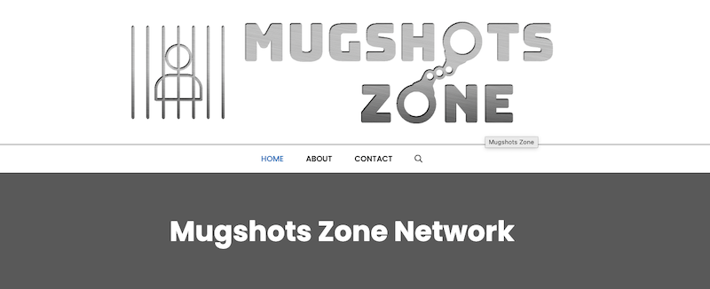 Website header for "Mugshots Zone" featuring a logo with a stylized figure behind bars and handcuffs forming the letter "O." Navigation links for Home, About, Contact, and Mugshots Zone removal are visible below the logo.