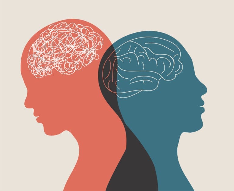 Two silhouettes of a man and a woman with brains on their heads.