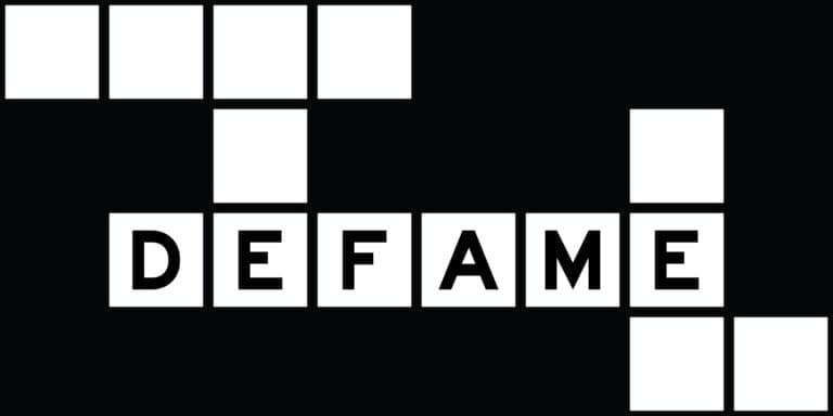 The word defame on a black background.