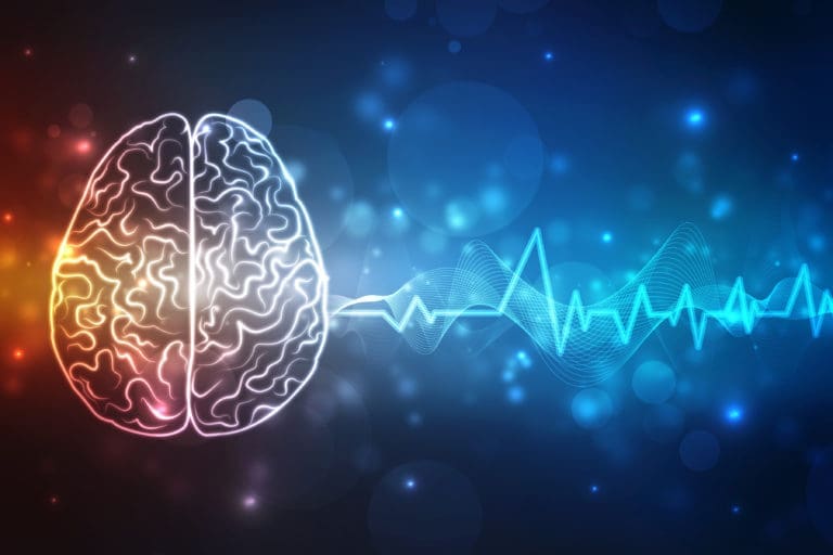 An image of a brain with an ecg line.