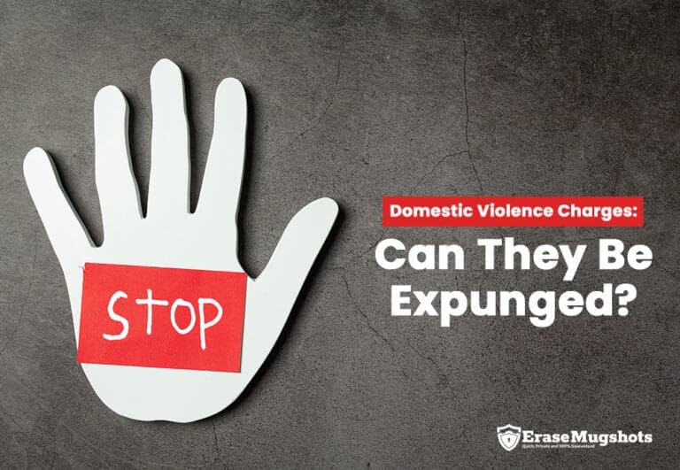 A white paper cutout of a hand with a red stop sign and the word "STOP" written on it is placed on a dark surface. The text on the image reads, "Can Domestic Violence Charges Be Expunged?" The EraseMugshots logo is positioned in the corner.