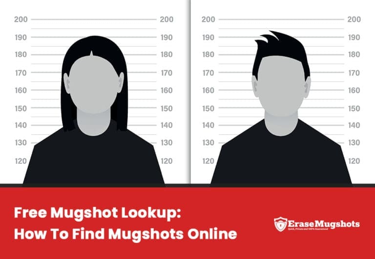 An illustration of two mugshot outlines, one of a person with long hair on the left and the other with short hair on the right. The red banner below reads, "How To Find Mugshots Online: Free Mugshot Lookup," with the EraseMugshots logo on the bottom-right corner.