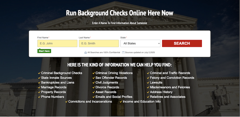 A website interface for running background checks, with fields for first and last name, a state dropdown, and a red "SEARCH" button. Below, discover details such as arrest records and mugshot zone information provided by the service.