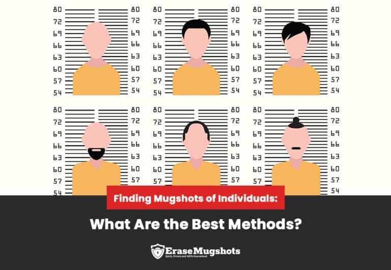 Illustration showing six faceless mugshots with different hairstyles and facial hair against measurement backdrops. A bar across the bottom reads, "Discovering Mugshots of Individuals: What Are the Best Methods?" with an EraseMugshots logo below.