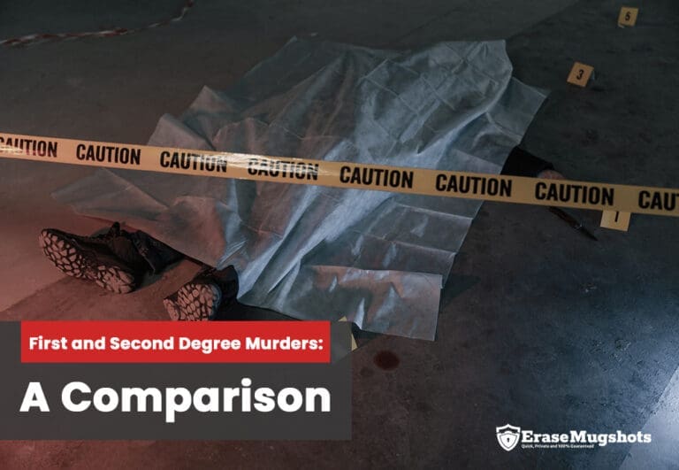 A crime scene with a body covered by a sheet on the ground, marked by caution tape and evidence markers. Text on the image reads "First and Second Degree Murders: A Comparison" and "Erase Mugshots." The scene highlights the difference between first and second degree murders.