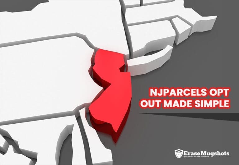 Image of a stylized map highlighting New Jersey in red. On the right, bold red text on a gray background reads "NJPARCELS OPT OUT MADE SIMPLE". The EraseMugshots logo is positioned at the bottom right, emphasizing their njparcels opt out service.