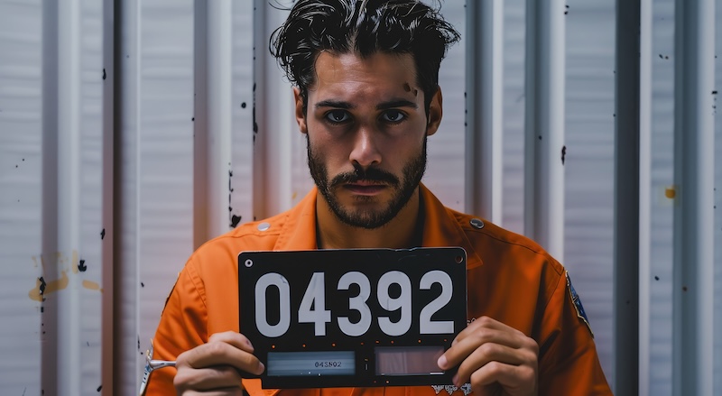 A man with disheveled hair and a beard is holding a booking placard with the number "04392" in front of a corrugated metal wall. Wearing an orange jumpsuit, he appears to be in a serious or contemplative mood, perhaps aware that mugshots are public record.
