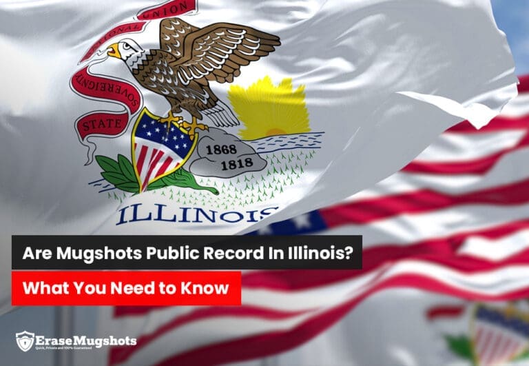 Flags of Illinois waving in the wind. Text overlays read: "Are Mugshots Public Record In Illinois? Here’s What You Need to Know." Logo at the bottom reads "EraseMugshots.