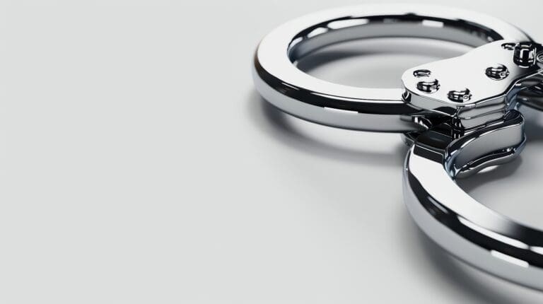 Close-up of shiny, metal handcuffs on a light gray surface, with one handcuff partially open. The polished metal reflects light, highlighting the smooth, sleek design. The image emphasizes the intricate details of the locking mechanism.