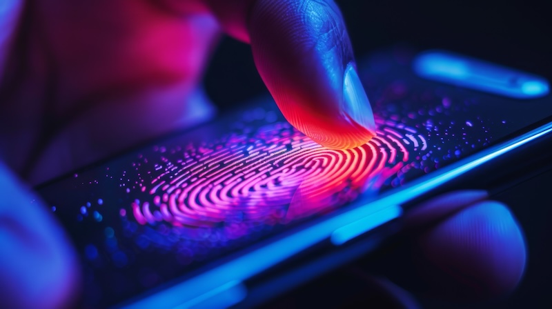 A close-up image of a person's finger pressing on a smartphone screen with a glowing, digital fingerprint pattern in vibrant pink and blue hues. The scene is illuminated, emphasizing the technology interface.