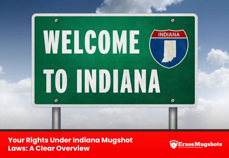 A green road sign reads "Welcome to Indiana," featuring the state emblem. Below, a red banner states, "Your Rights Under Indiana Mugshot Laws: A Clear Overview," with the EraseMugshots logo beside it. The sky is blue with clouds, highlighting the focus on Indiana mugshot regulations.