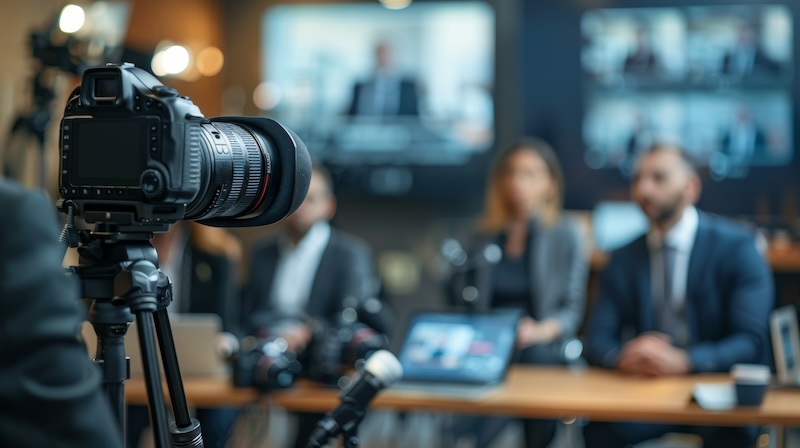 A camera is focused on a panel of people sitting at a table, participating in a discussion or interview. Blurred screens and additional cameras are visible in the background, suggesting a broadcast or recording setup.