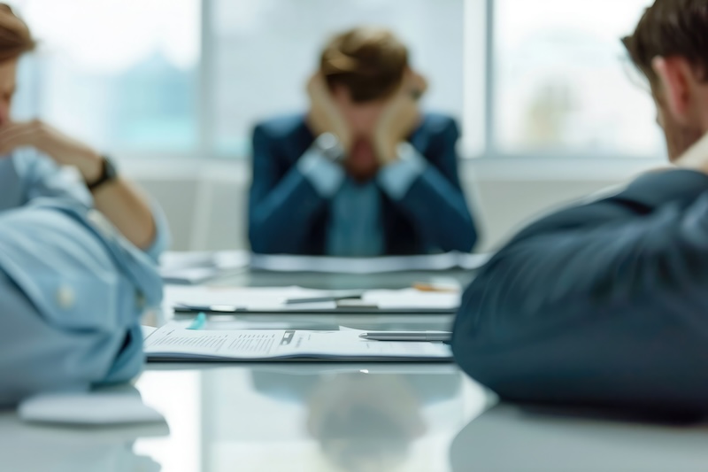 Three people sit at a table in a brightly lit room, appearing stressed or focused, resting their heads on their hands. Papers and pens are scattered on the table, suggesting a business or work meeting.