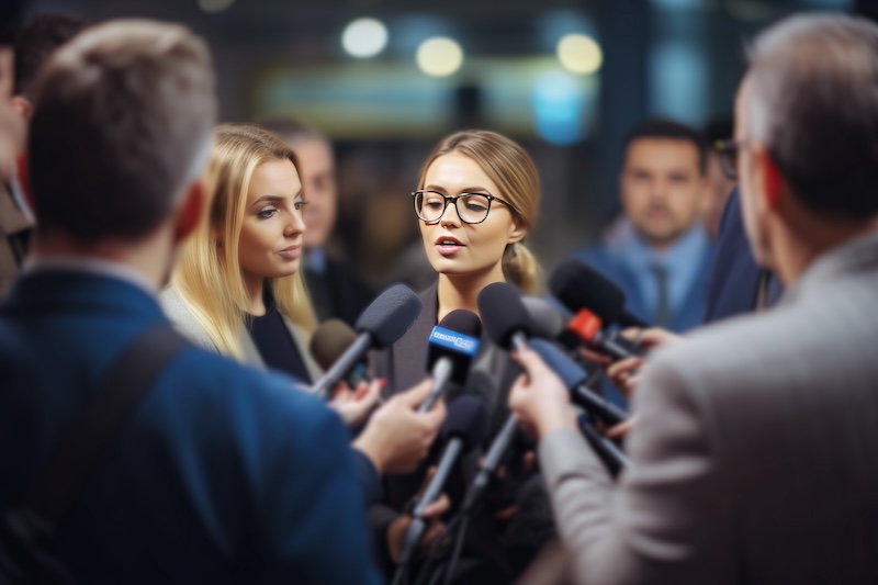 A woman speaking into multiple microphones held by journalists in a crowded press conference. She wears glasses and appears confident. Blurred figures and bright lights fill the background, suggesting a formal or important event.