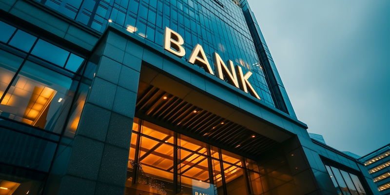 A modern bank building with a reflective glass facade. The word "BANK" is prominently displayed in large, illuminated letters above the entrance. Warm lighting from inside contrasts with the cool, overcast sky in the background.