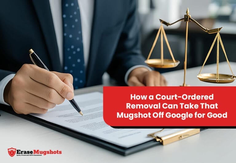 A person in a suit is diligently writing on a document beside a golden balance scale. Text reads: "Discover how a Court-Ordered Removal can permanently erase that mugshot from Google." Logo: Erase Mugshots.