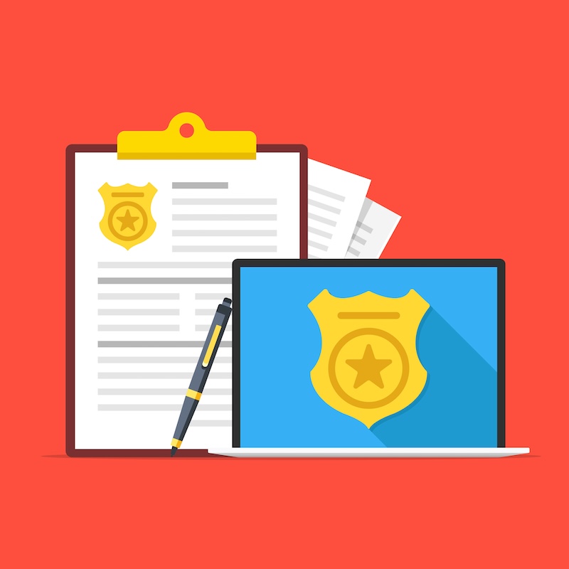 An illustration depicts a clipboard with documents and a pen beside a laptop displaying a police badge on its screen, set against a red background. This striking imagery hints at the search for information, like how to find recent arrests efficiently and accurately.