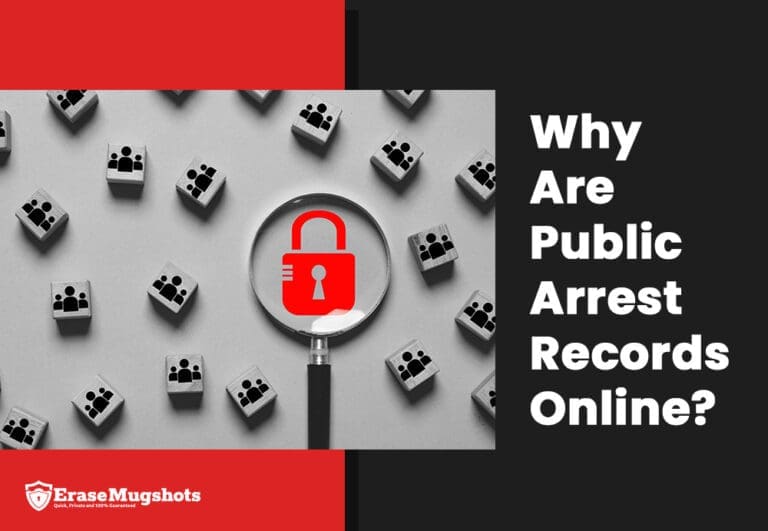 A message asking, "Why Are Public Arrest Records Online?" is set against a stark black and white image of small cubes with profile icons. A magnifying glass zeroes in on a red padlock symbol, while the EraseMugshots logo sits unobtrusively in the bottom left corner.