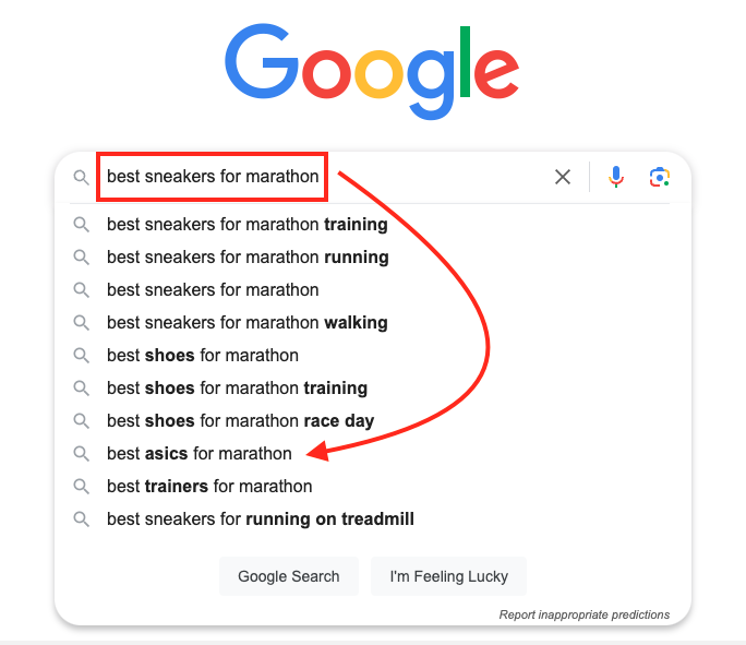 A Google search bar displays the text "best sneakers for marathon" with autocomplete suggestions including training, running, race day, and more, highlighted by a red box and arrow.