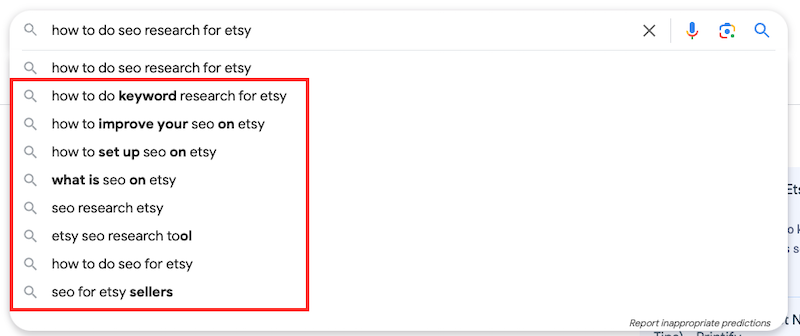 Google search suggestions for "how to do SEO research for Etsy" include topics like keyword research, improving SEO, setting up SEO, SEO tools, and SEO for Etsy sellers.