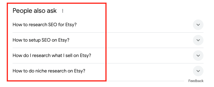 Screenshot of a "People also ask" box from a search engine. Questions listed: "How to research SEO for Etsy?", "How to setup SEO on Etsy?", "How do I research what I sell on Etsy?", and "How to do niche research on Etsy?".