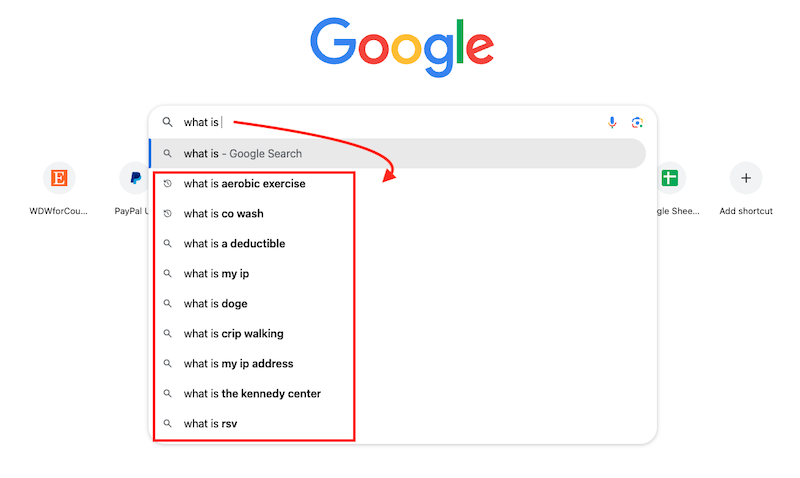 Screenshot of a Google search page with the query "what is" typed in. Autofill suggestions shown include "what is aerobic exercise," "what is co wash," "what is deductible," and more. Icons for extensions and shortcuts are visible on the toolbar.