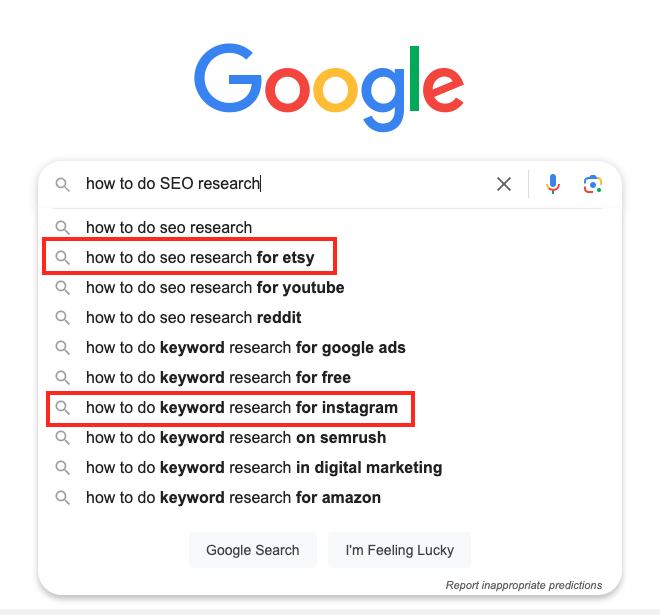 Google search suggestions for "how to do SEO research," including options like "for Etsy," "for YouTube," and "for Instagram." The suggestion "how to do keyword research for Instagram" is highlighted.