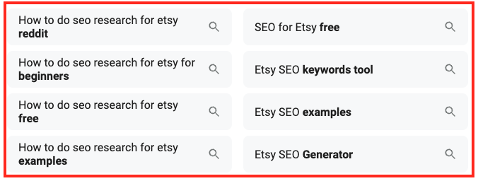 A list of search suggestions related to doing SEO research for Etsy, including keywords like "reddit," "free," "beginners," "examples," and "Generator.