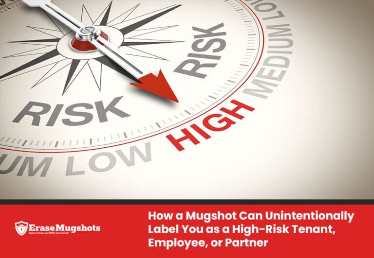 A compass with the needle pointing to "HIGH RISK" on a gauge labeled "LOW," "MEDIUM," and "HIGH." Below, text reads: "How a mugshot can unintentionally label you as a high-risk tenant, employee, or partner.