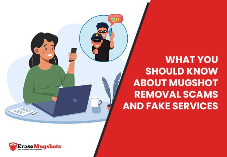 A worried woman looks at her phone and laptop. A thought bubble shows thieves stealing money. The text reads, "What you should know about mugshot removal scams and fake mugshot removal services.