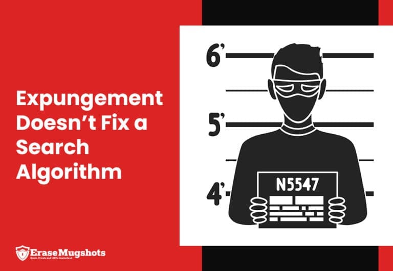 A graphic shows a masked figure holding a sign with "N5547" in front of a height chart. Beside it, bold text reads, "Expungement Doesn't Fix a Search Algorithm." The Expungement EraseMugshots logo appears at the bottom left.
