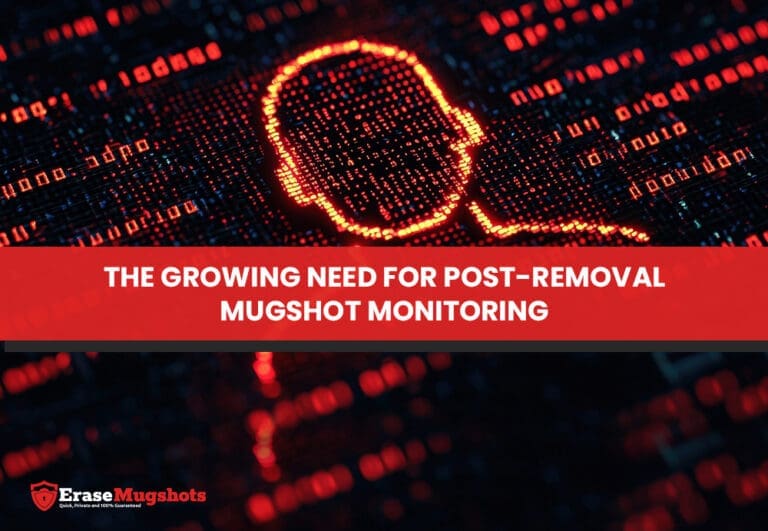 A digital illustration of a human head silhouette formed by glowing red code, with "The Growing Need for Mugshot Monitoring" in a red banner across the center. The Erase Mugshots logo appears at the bottom left.