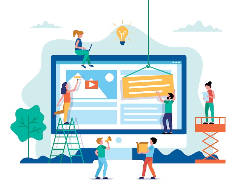 Illustration of six people building a website, with a large computer screen showing website elements. Some demonstrate ORM dos and don'ts as they add content using tools and megaphones, while a lightbulb above them symbolizes fresh ideas.