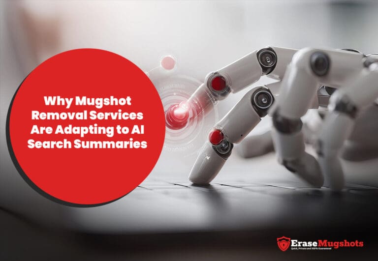 A robotic hand touches a glowing digital interface on a keyboard. A red circle reads: "Why Mugshot Removal Services Are Adapting to AI Search Summaries." The Mugshot Removal Services Erase Mugshots logo is at the bottom right.