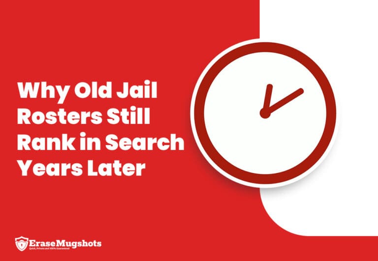 Graphic with a red and white layout showing a clock and bold text: "Why Jail Rosters Still Rank in Search Years Later." EraseMugshots logo is at the bottom.