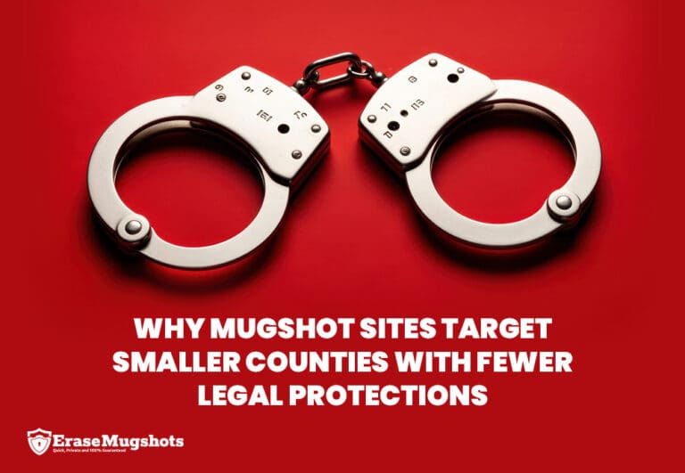 A pair of metal handcuffs on a red background, with the text "Why mugshot sites target smaller counties with fewer legal protections" and the EraseMugshots logo at the bottom, highlighting concerns over limited legal protections.