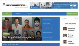A website titled "Mugshots.org" displays celebrity mugshots with a menu bar, search options, celebrity photos, and a sidebar showing latest mugshots and a "View Criminal Records Online" banner ad at the top.