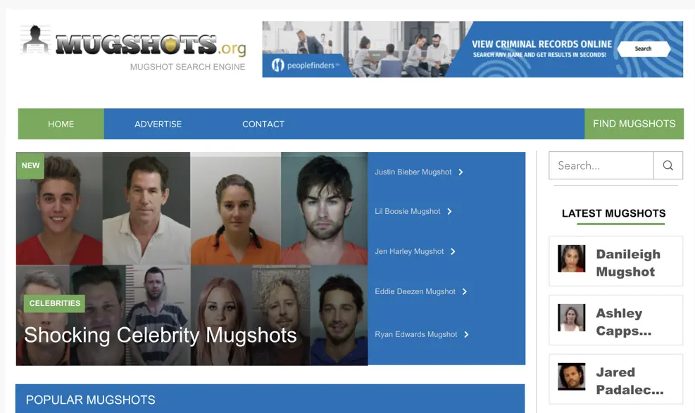 A website titled "Mugshots.org" displays celebrity mugshots with a menu bar, search options, celebrity photos, and a sidebar showing latest mugshots and a "View Criminal Records Online" banner ad at the top.