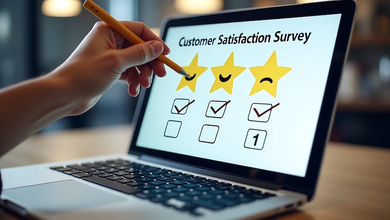 A person uses a pencil to highlight a happy face star on a customer satisfaction survey displayed on a laptop screen—ensuring no damaged reputation from poor reviews. Three stars and three checkboxes are visible, with the happy star and its box selected.